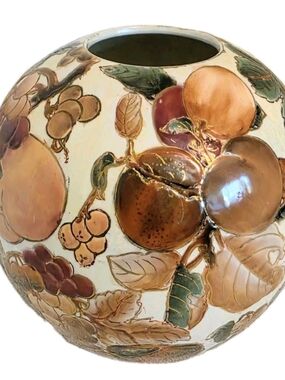TOYO Vase Round 6.5” Fruit Gold Handpainted Fall French Country Floral